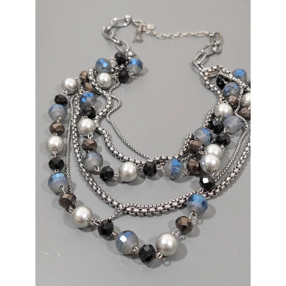 Layered Gray Beaded Statement Necklace‎ Silver Tone Multi Strand Bib 20